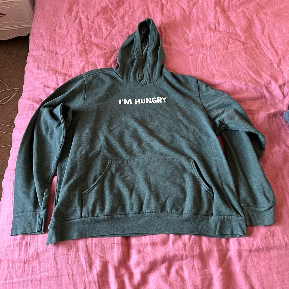 Giant hoodie: Green giant hoodie with white I’M HUNGRY print